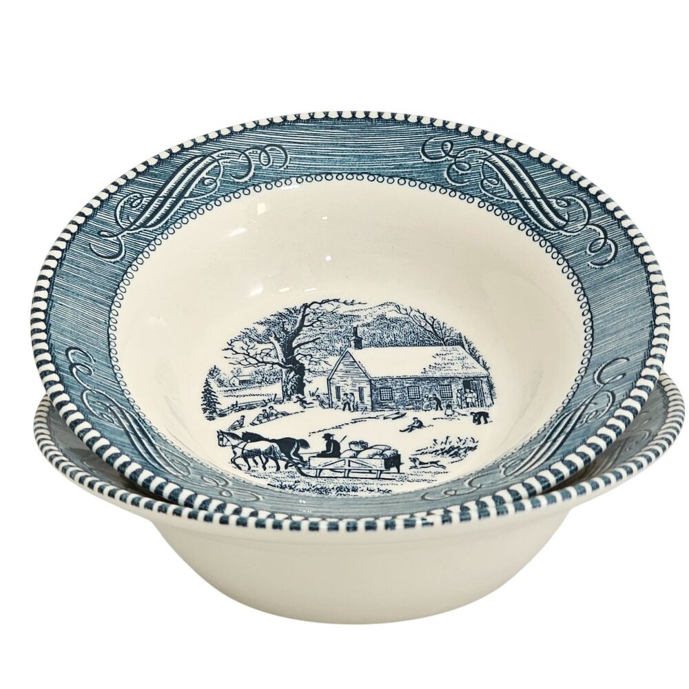 2 Currier Ives Blue Schoolhouse Bowl 6.5" Royal USA pottery country colonial - Picture 3 of 5